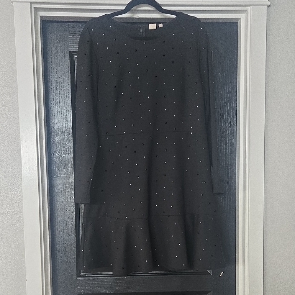 GAP Black And Gold Long Sleeve Fit And Flare Dress With Flounce Hem Size 14